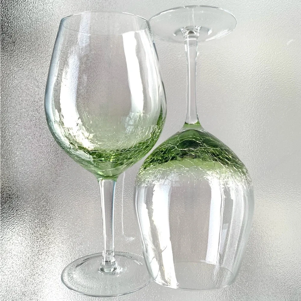 Pier 1 Green Crackle Red Wine Glasses ~ Set of 2
